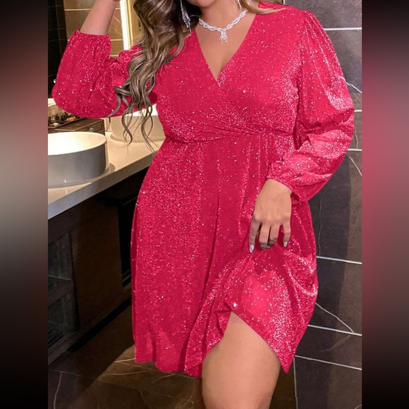 Luxe plus size lantern sleeve glitter party dress - Picture 7 of 16